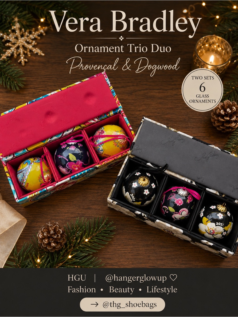 Vera Bradley Ornament Trio Duo Provençal & Dogwood Glass Ornament Sets NIB